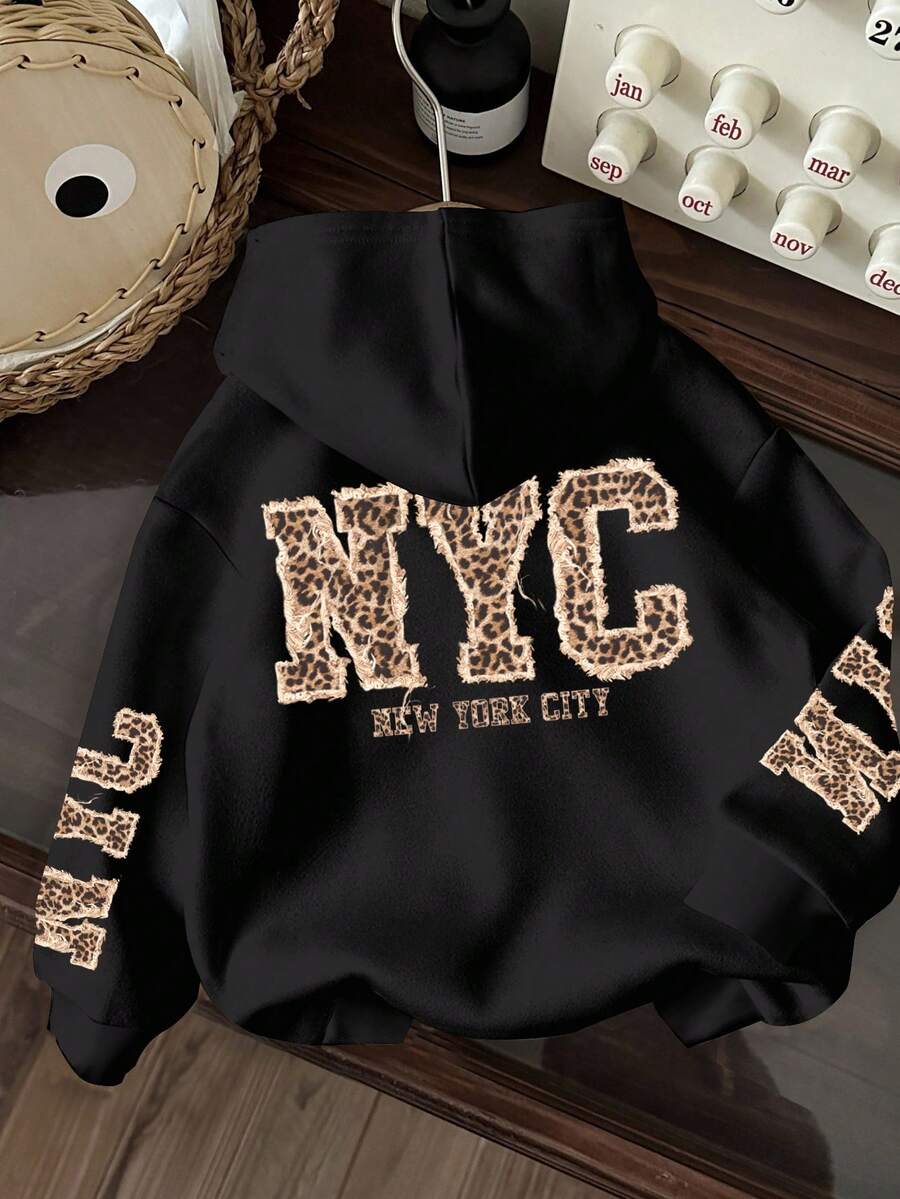 SHEIN EZwear 休闲简约纽约豹纹英文字母卫衣，适合秋冬季节穿着，猎豹纹上衣，豹纹上衣 - 彩色 - 查看 1