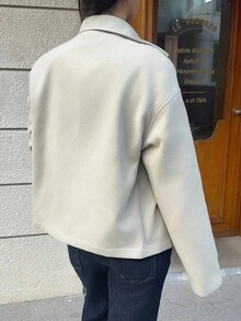 Sunnyshic Apricot Double-Sided Notched Collar, Double-Breasted Button, Pocket Long Sleeve Short Coat, Fashionable For Commuting, Office, Casual, Elegant Retro Style, Suitable For Autumn/Winter