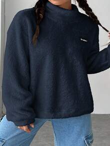 SHEIN EZwear 加大码字母贴花高领落肩泰迪羊毛运动衫，海军蓝，秋冬女款套头衫海军蓝运动衫毛绒运动衫女款超大码运动衫女款刺绣运动衫女款 - 藏蓝色 - 查看 5