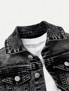 SHEIN 男婴两件套/组，做旧休闲黑色牛仔时尚水洗翻领长袖外套和卷边高弹力修身牛仔裤，休闲百搭，适合宝宝秋冬日常穿着，男童街头风服装，男童万圣节和圣诞节服装，冬季牛仔裤，男童牛仔裤 - 黑色 - 查看 3