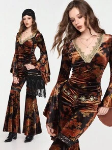 ROMWE EDITION Damen Vintage Blumen Allover-Muster Kontrast Spitze Glockenärmel V-Ausschnitt figurbetontes Samt Top, Halloween Hexen Thema, Herbst/Winter - Verschiedenfarbig - Übersicht 2