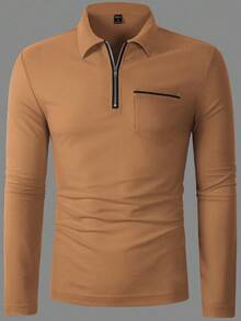 Manfinity Homme Men's Casual Commuter Long Sleeve Polo Shirt With Pockets, Autumn Men Zip Up Shirt Mens Casual Tops Brown Tops For Men Men Casual Long Sleeve Shirts Tan Shirts For Men