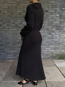 DAZY Damen Lässig einfarbiges Strickkleid, Herbst/Winter - Schwarz - Übersicht 3