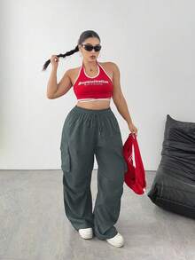 SHEIN Tall 大码纯色口袋宽松休闲工装裤 - 灰色 - 查看 6