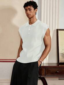 SWAVVY Men's Knitted Casual Loose Fit Short Sleeve Sleeveless Tank Top, For Fall Winter - White - View 3