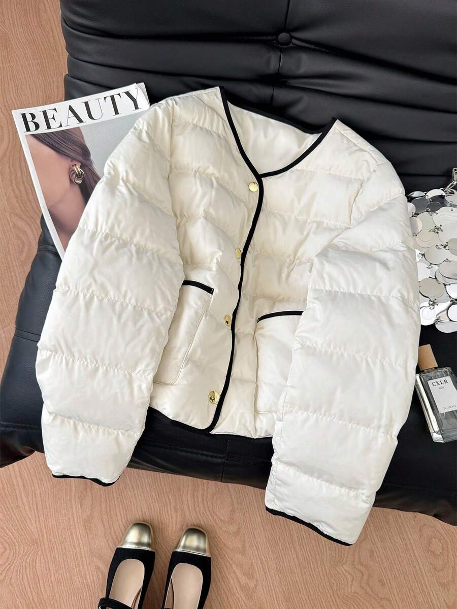 SHEIN Frenchy 女士休闲百搭撞色饰边夹克，冬季