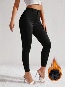 SHEIN ICON 女式高腰紧身休闲百搭牛仔裤 - 黑色 - 查看 3