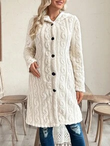 SHEIN Maternity Regular Jacket, Long Sleeve Hooded Front Button Fluffy Thick Loose Coat - Beige - View 4