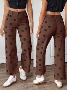 EMERY ROSE Quần jean ống đứng dáng rộng họa tiết chấm bi dành cho nữ - Cà phê nâu - Xem 1
