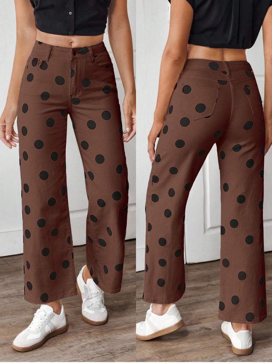 EMERY ROSE Quần jean ống đứng dáng rộng họa tiết chấm bi dành cho nữ - Cà phê nâu - Xem 1