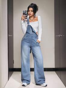 SHEIN PETITE 女式无袖时尚休闲牛仔连体裤，带口袋，百搭春夏季 - 淺色水洗藍 - 查看 3