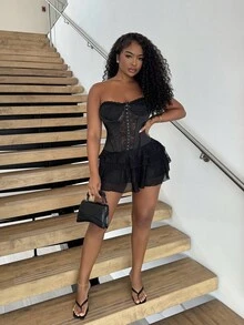 Alexandranx Váy ngắn hở vai nhiều lớp phối ren đen, váy mùa hè dành cho nữ - màu đen - Xem 6