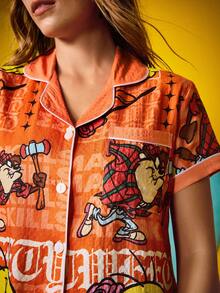 Chillnights X LOONEY TUNES 女士可爱卡通图案短袖翻领衬衫和宽松裤子睡衣套装，夏季 - 彩色 - 查看 6