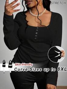 SHEIN CURVE+ 大尺碼方領長袖羅紋針織上衣，色抓皺腰部上衣，秋季，2026 22W - 黑色 - 查看 1