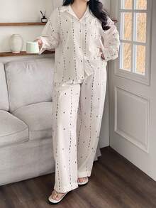 Dazy Plus 不对称印花条纹宽松衬衫和裤子睡衣套装，大码女士休闲家居服，秋季服装 - 白色 - 查看 1