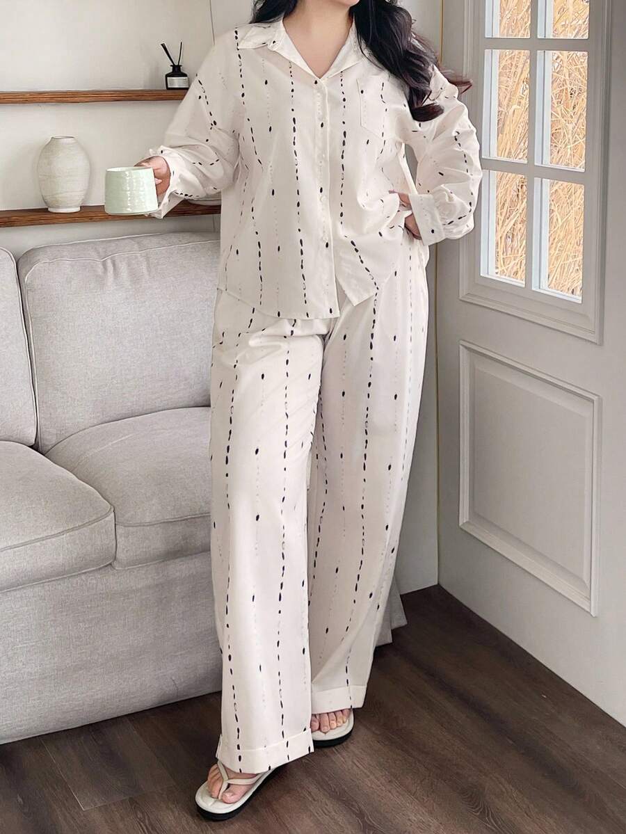 Dazy Plus 不对称印花条纹宽松衬衫和裤子睡衣套装，大码女士休闲家居服，秋季服装 - 白色 - 查看 1