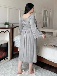 Dazy Plus Plus Size Solid Color Flare Sleeve Hollow Out Sexy Long Nightgown, Fall, Winter - Grey - View 2