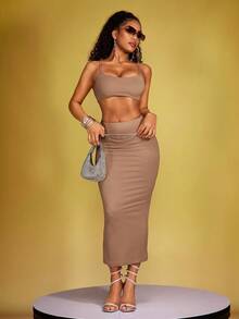 INAWLY 女性性感純色修身背心搭配細肩帶和裙子套裝，適用於夏季 - 卡其色 - 查看 4