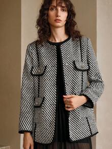 Arave Women's Woven Tweed Fabric Small Round Neck Straight Shoulders Long Sleeves Short Straight Cut Tassel Lace Decoration Design Black Edge Contrast Design Daily Casual Regular Jacket Fall Clothes For Women