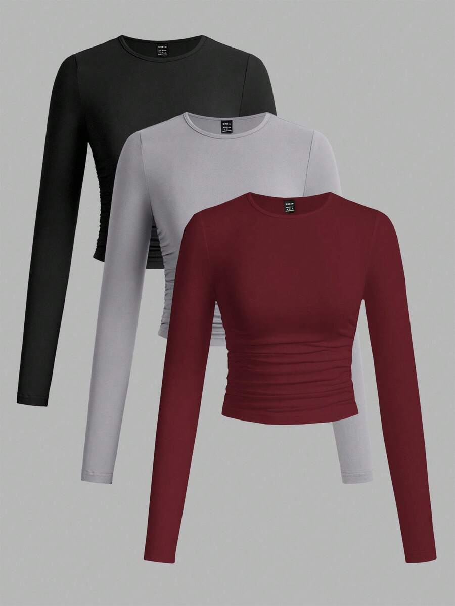 SHEIN EZwear 3件套女士休闲纯色圆领褶皱长袖T恤,黑色、灰色、酒红色,秋冬 - 彩色 - 查看 1