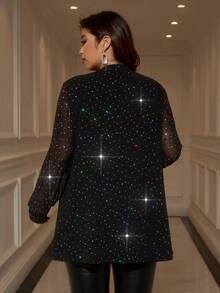SHEIN Clasi Manteau ample noir à manches longues brillant avec poche diamant pour femmes rondes, confortable, doux et brillant. Top élégant et romantique en tissu mesh argenté brillant et noir pailleté, adapté à l'automne et à de multiples occasions, chic, pour soirée, Noël