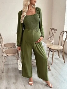 SHEIN 孕妇连体裤，长袖，方领，前后抽绳腰部，口袋，宽松版型 - 軍綠色 - 查看 5