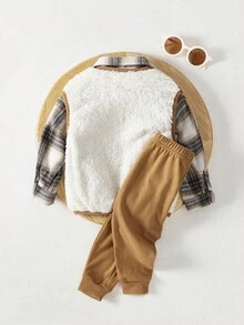 Cozy Pixies Bộ đồ 3 món cho bé trai: Áo sơ mi dài tay ve kẻ caro cài nút, áo vest dày không tay màu tương phản và quần cạp chun - Màu Khaki - Xem 2