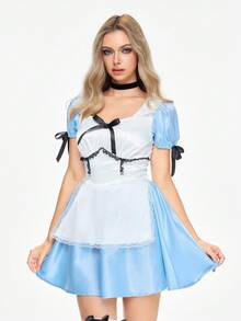 ROMWE Avant Trang phục hầu gái Alice ở xứ sở thần tiên dành cho nữ, váy ngắn tay bồng, nơ ruy băng, màu tương phản - Màu xanh lam - Xem 4