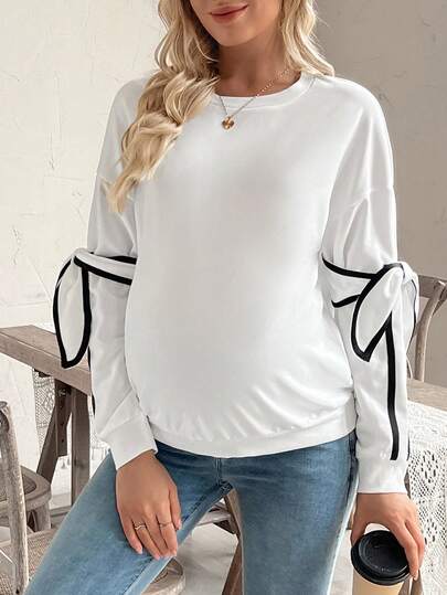 SHEIN Maternity Sweatshirt, Long Sleeve, Drop Shoulder, Round Neck, Black Ribbon Decor, Bow Design, Ribbed Cuffs & Hem, Loose Fit