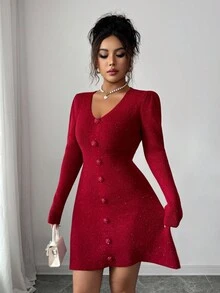 Elenzga Women's Autumn/Winter New Rose Button Decor V-Neck Fitted Shiny Knit Mini Sweater Dress