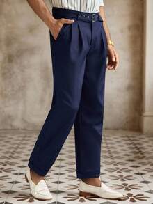 HIMLAND Men's Casual Solid Color Carrot Pants With Belt Decoration