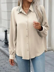 EMERY ROSE Camisa casual/de trabajo de mujer de unicolor con cuello, abertura frontal, pliegues en la espalda y bajo curvo, manga larga, para primavera/otoño - Albaricoque - Ver 3
