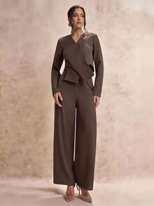 Modelyn Women's Elegant Business Suit, Jacket And Pants Set In Fall/Winter - Brown - View 6