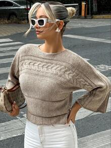 EURMUSE Women's Solid Color Batwing Sleeve Sweater - Khaki - View 3