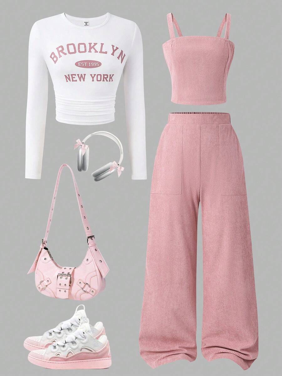 少女字母印花长袖上衣、吊带背心和裤子三件套 - 紅白色 - 查看 1