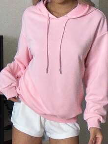 Attitoon Casual Minimalist Pink Floral & Twisted English Letter Print Loose Fit Sweatshirt For Women, Comfortable For Autumn/Winter, Fall - Baby Pink - View 5