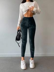 EURMUSE Solid Elastic Waist Leggings - Green - View 5