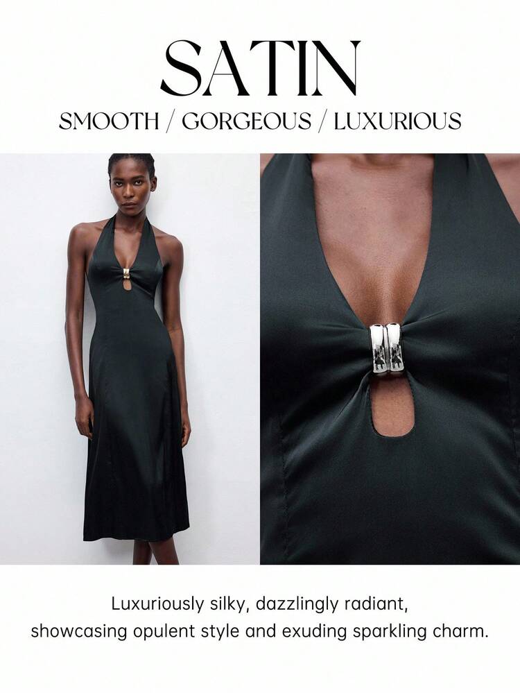 SHEIN Maija 2025 New Summer Black Halter Tie-Up Bow Metal Decor Elegant Satin Dress, Sexy & Fashionable Casual Romantic Business Casual Office Party Beach Music Festival Wedding Guest Brunch Y2k Street Style Airport Back To School Autumn