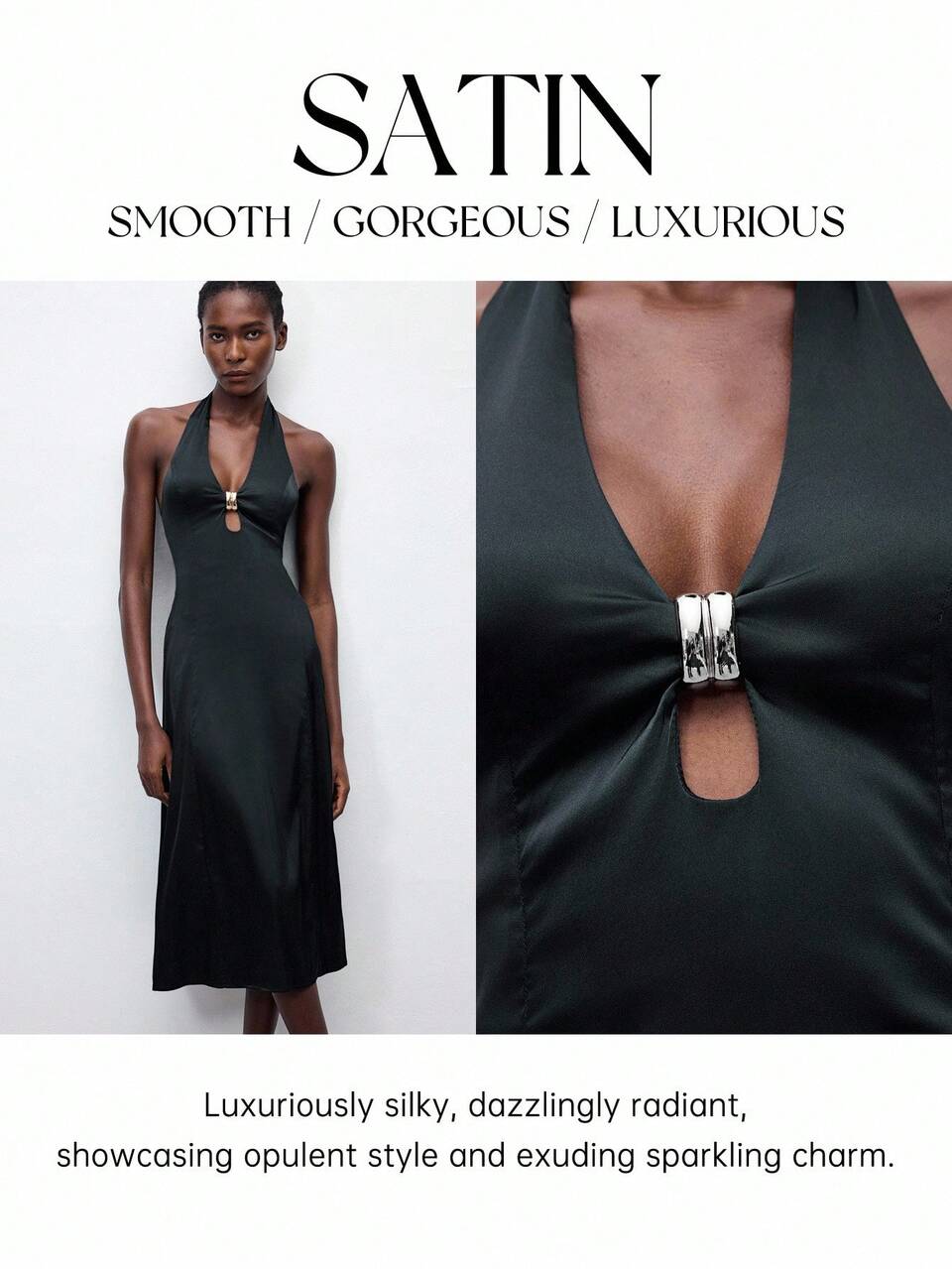 SHEIN Maija 2025 New Summer Black Halter Tie-Up Bow Metal Decor Elegant Satin Dress, & Fashionable Party Night Business Casual Beach Wedding Guest