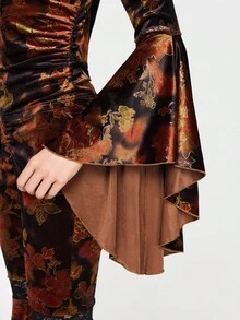 ROMWE EDITION Damen Vintage Blumen Allover-Muster Kontrast Spitze Glockenärmel V-Ausschnitt figurbetontes Samt Top, Halloween Hexen Thema, Herbst/Winter - Verschiedenfarbig - Übersicht 7