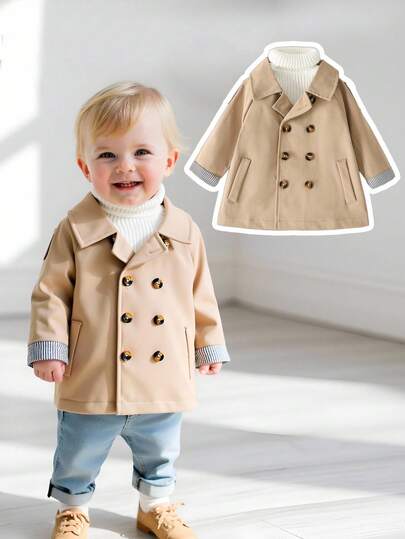 SHEIN Playful Pals Baby Boy Casual And Fashionable Double-Breasted Striped Cuff Elegant Windbreaker Jacket, Suitable For Spring And Autumn, Suitable For Daily Wear, Vacation, Travel, Party Baby Boy Coats Baby Trench Coat Khaki Baby Coat Fall Baby Coat Winter