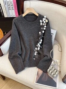 Franclia Nuevo suéter de otoño/invierno con bordado de cuentas, diseño elegante y de moda para mujeres - Gris - Ver 6