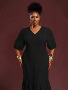 Slaydiva 2025 新款春夏大码女式复古西部度假/早午餐装，音乐节/俱乐部/公路旅行/度假/休闲/城市度假/毕业典礼，女士优雅装扮，休闲宽松黄色纹理泡泡格纹 V 领泡泡袖 H 字形荷叶边下摆长裙 - 黑色 - 查看 6