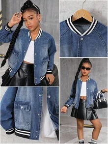 Tween Girls Vintage Washed Loose Casual Baseball Jacket