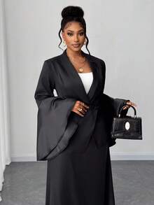 Maweii 大码优雅纯色喇叭袖西装外套 - 黑色 - 查看 2