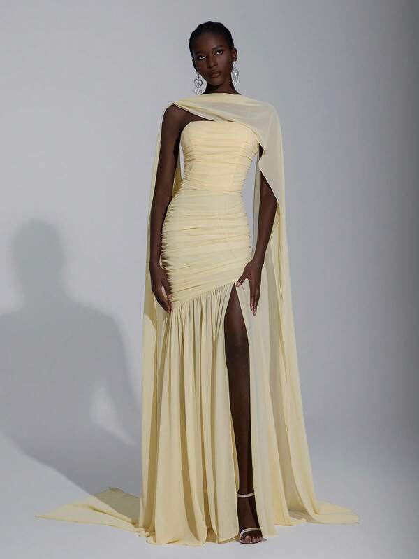 Elitara Elegante vestido de gasa de color crema amarillo, sencillo y elegante, con cuello halter (lentejuelas desmontables), busto fruncido, bajo de malla transparente y cola de pez, adecuado para citas, vacaciones, bodas y eventos de damas de honor