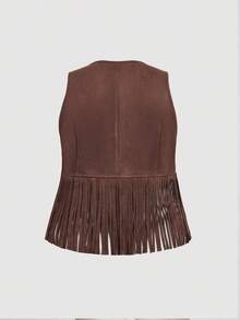 SHEIN MOD 大码女式纯色无袖麂皮流苏下摆休闲外套，度假装，秋季，女装，锐舞节，演唱会，70年代复古风，文艺复兴风格，秋季外套，外出流苏背心西部风 - 棕色 - 查看 2