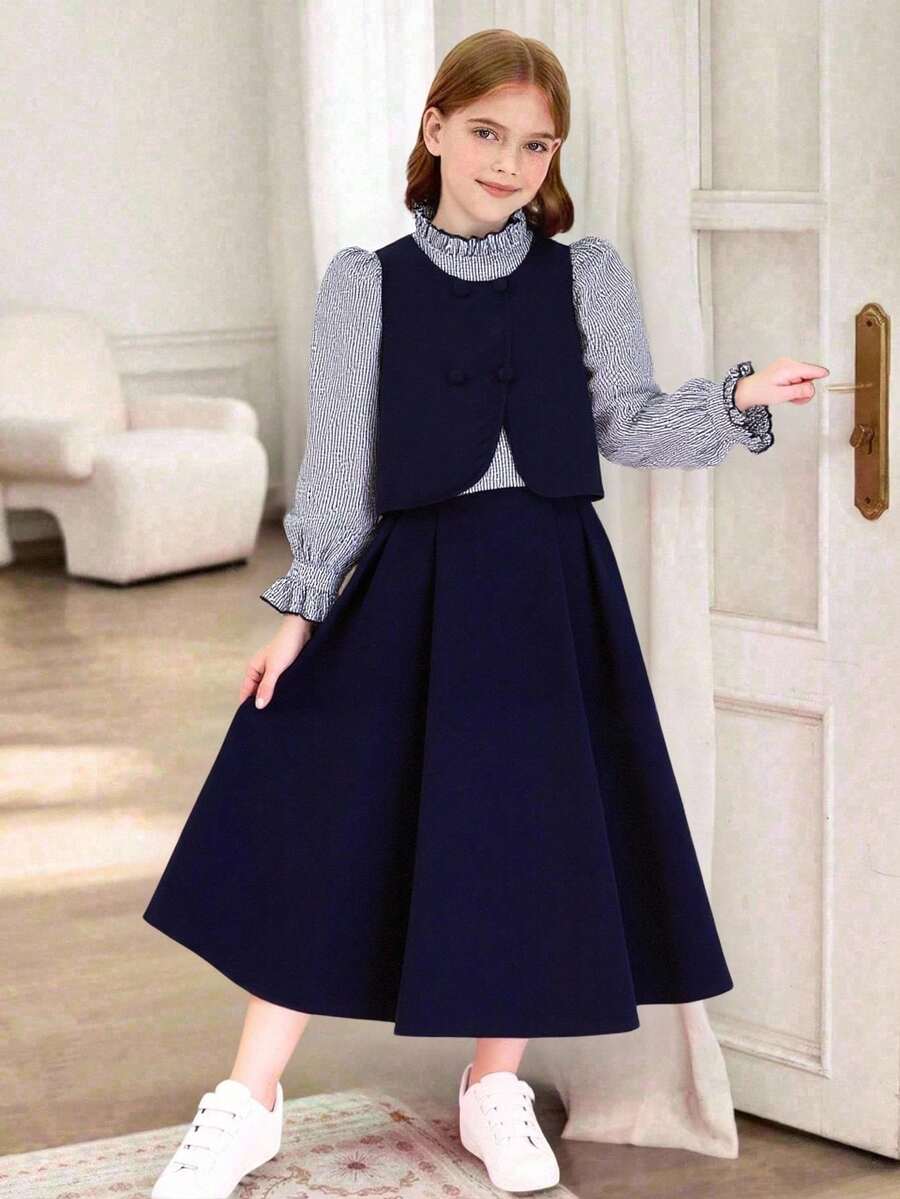 Tween Girl Plaid Patchwork Puff Sleeve Shirt And Mini Skirt Set Fall Winter - Blue - View 1