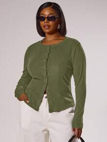 MUSERA 大码纽扣修身长袖上衣，春季优雅高贵度假可爱浪漫90年代Y2K派对节日款 - 軍綠色 - 查看 5