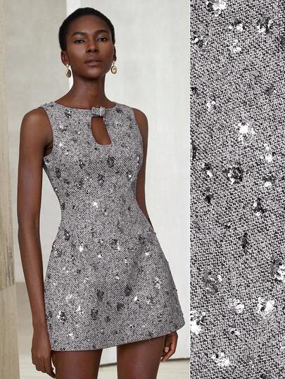 Aveloria Modichic Brown Tweed Fabric Mini Dress With 3D Sequins Embellishment, Hollow Neckline, Decorative Buttons, Minimalist High-End Design, Elegant Vintage Style, Waist Cinched, Versatile For Commuting